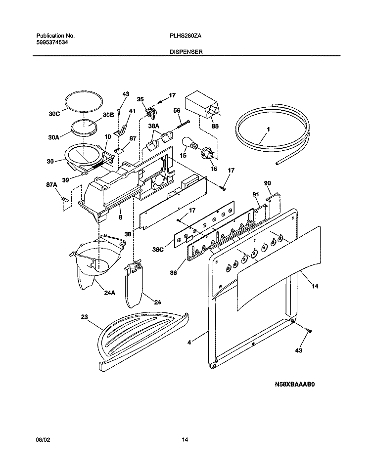 DISPENSER Diagram and Parts List for PLHS280ZAB3  Frigidaire Refrigerator
