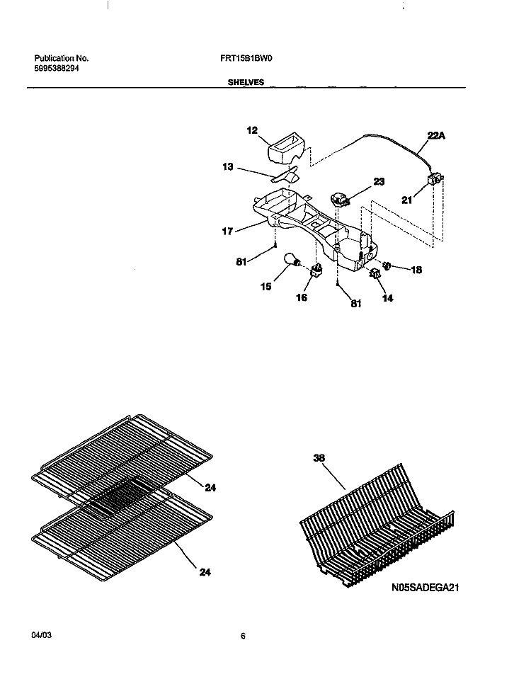 SHELVES Diagram and Parts List for FRT15B1BW0  Frigidaire Refrigerator