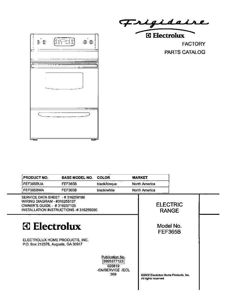 COVER Diagram and Parts List for FEF365BUA  Frigidaire Range