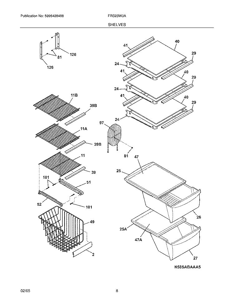 SHELVES Diagram and Parts List for FRS23W3AQG  Frigidaire Refrigerator