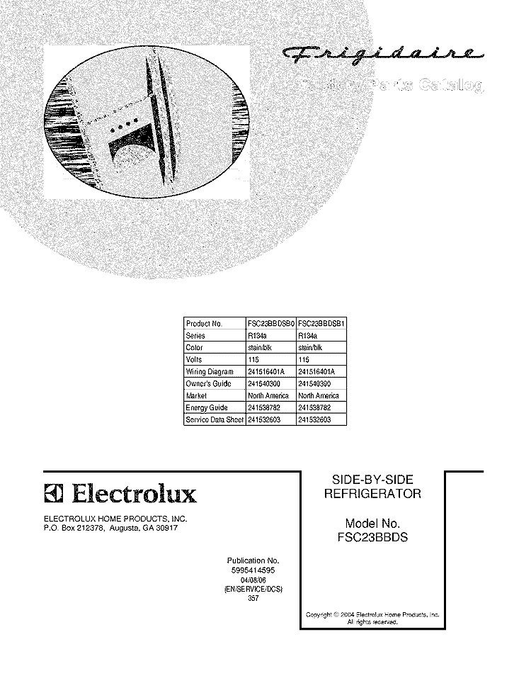 COVER Diagram and Parts List for FSC23BBDSB0  Frigidaire Refrigerator