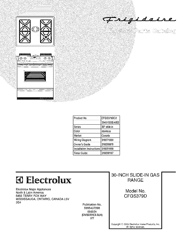 COVER Diagram and Parts List for CFGS379DC2  Frigidaire Range