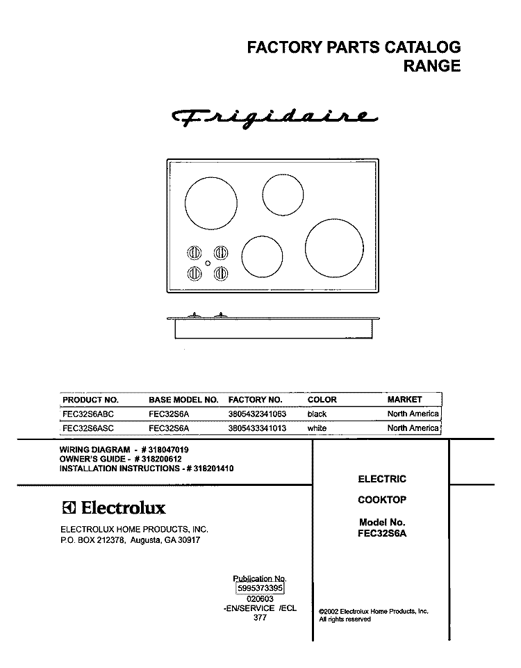 COVER Diagram and Parts List for FEC32S6ABC  Frigidaire Cooktop