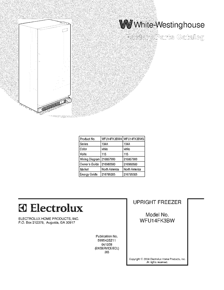 COVER Diagram and Parts List for WFU14FK3BW4  Westinghouse Freezer