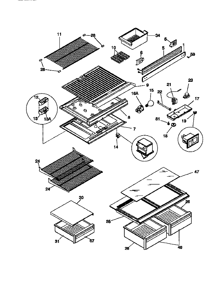 SHELVES / CONTROLS Diagram and Parts List for MRT18GRCD0  Frigidaire Refrigerator