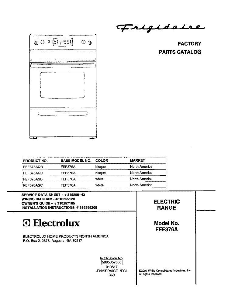 COVER Diagram and Parts List for FEF376AQB  Frigidaire Range