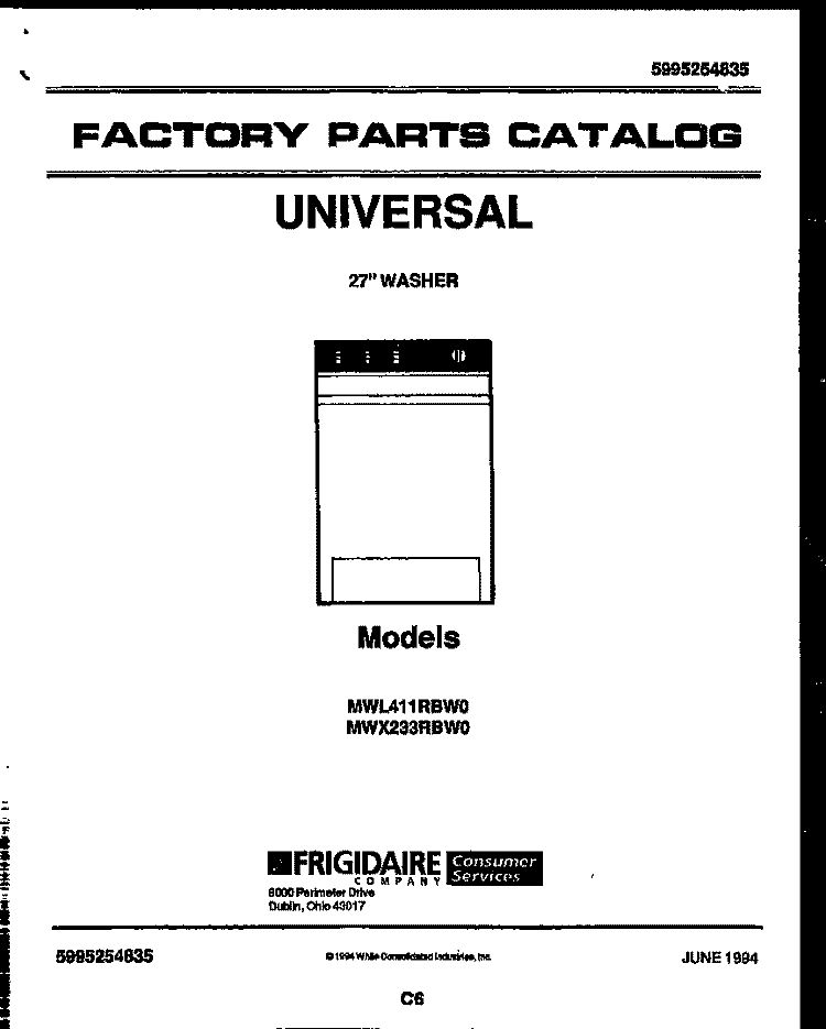 COVER Diagram and Parts List for MWL411RBD0  Frigidaire Washer
