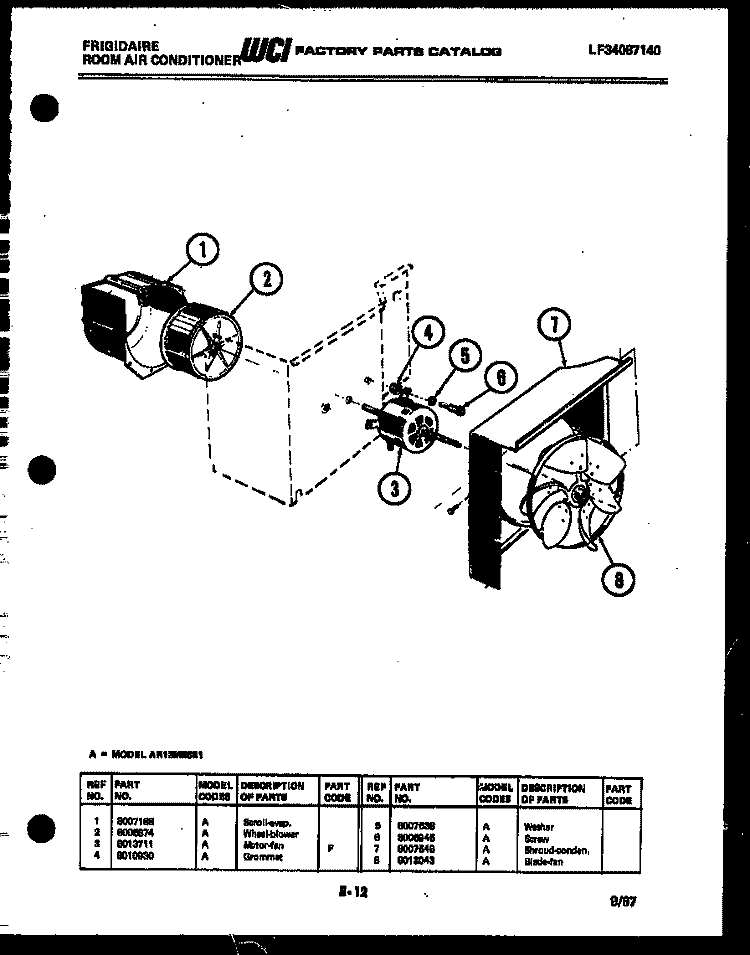 AIR HANDLING PARTS Diagram and Parts List for AR13MS8E1  Frigidaire Air Conditioner