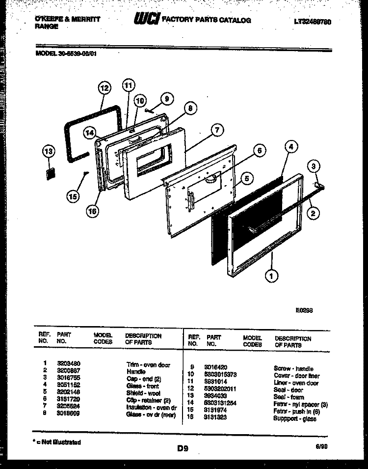 DOOR PARTS Diagram and Parts List for 30-6539-00-01  Tappan Range