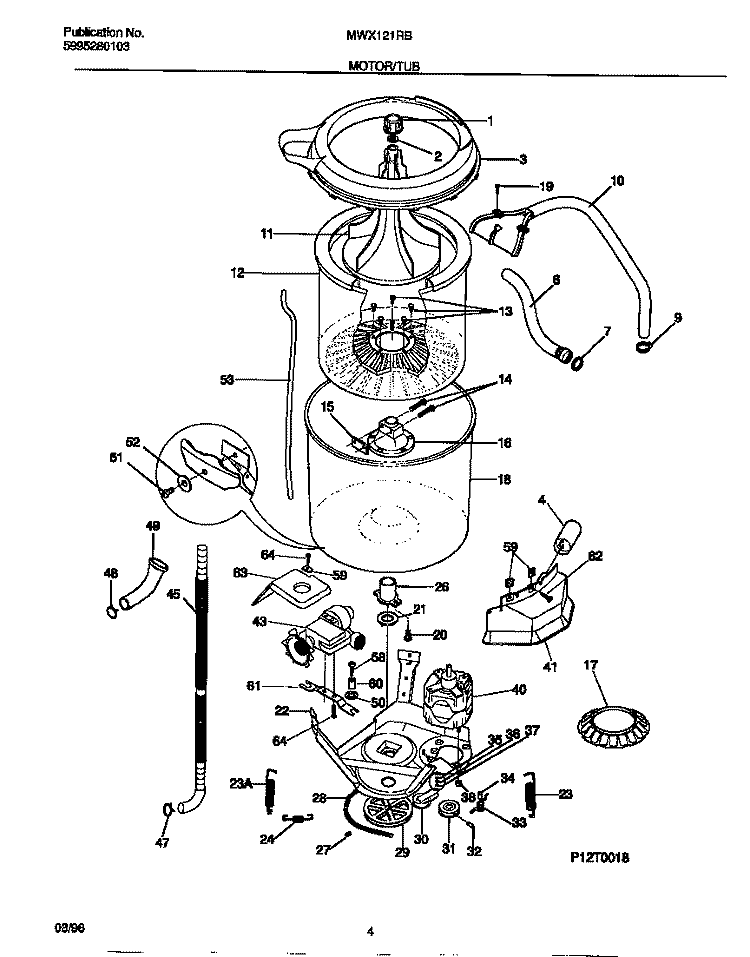 MOTOR / TUB Diagram and Parts List for MWX121RBD3  Frigidaire Washer