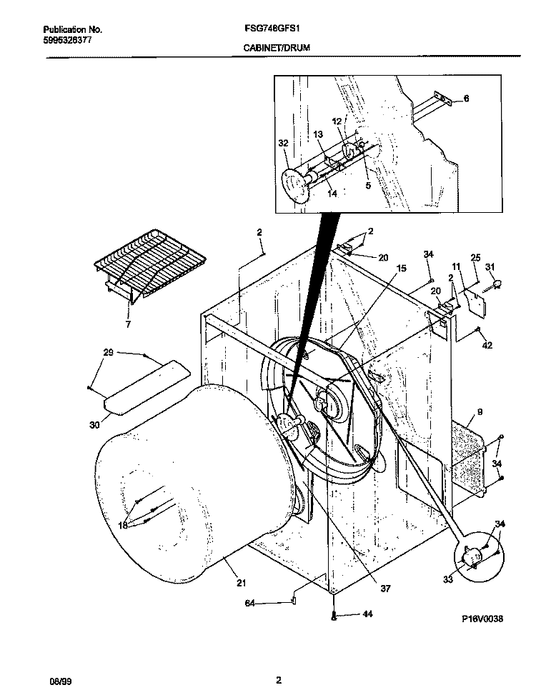 P16V0038 DRY CAB, HEATER Diagram and Parts List for FSG748GFS1  Frigidaire Dryer