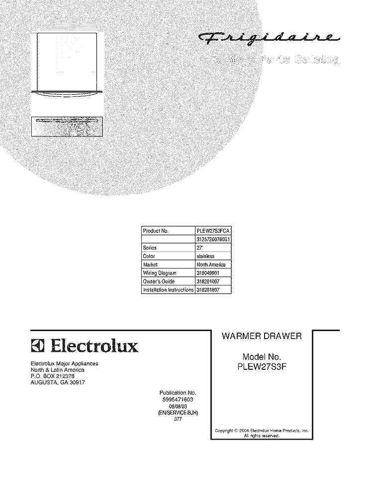 COVER Diagram and Parts List for PLEW27S3FCA  Frigidaire Warming Drawer