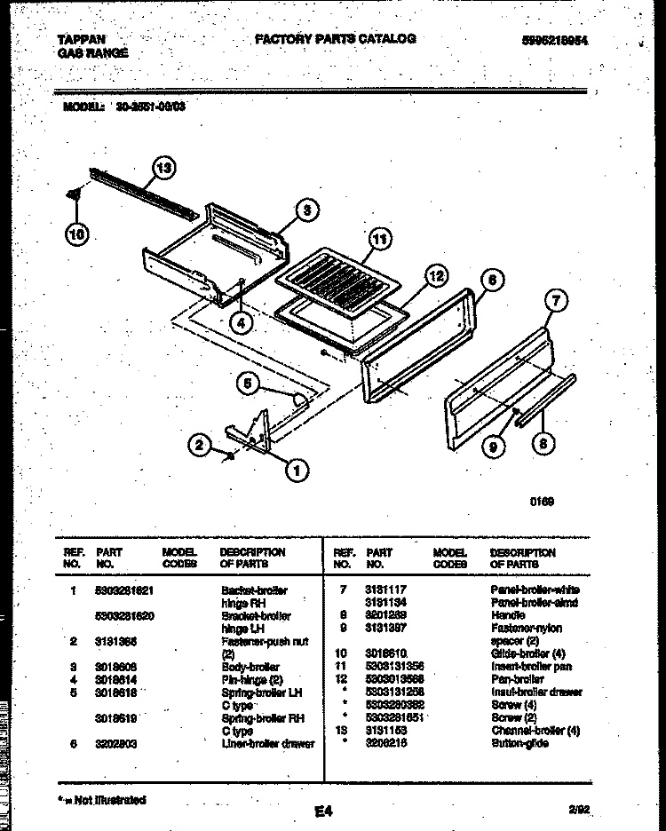 BROILER DRAWER PARTS Diagram and Parts List for 30-2551-23-03  Tappan Range