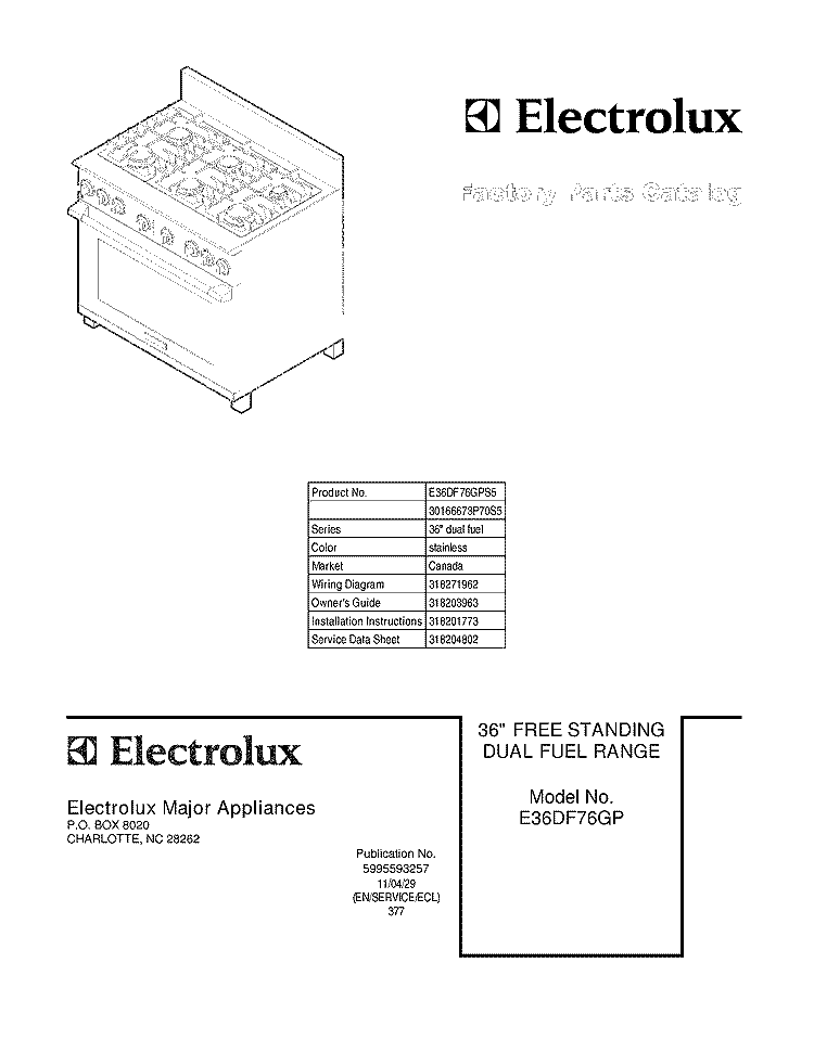 COVER Diagram and Parts List for E36DF76GPS5  Electrolux Range
