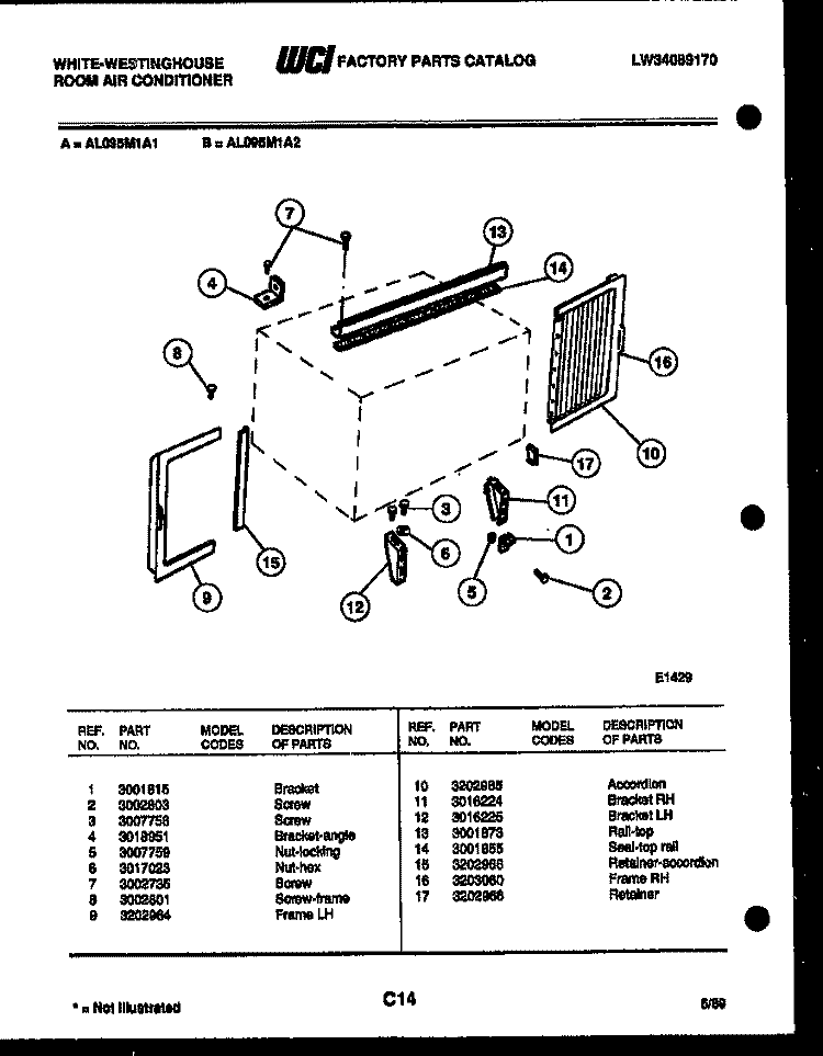 CABINET AND INSTALLATION PARTS Diagram and Parts List for AL095M1A1  Frigidaire Air Conditioner