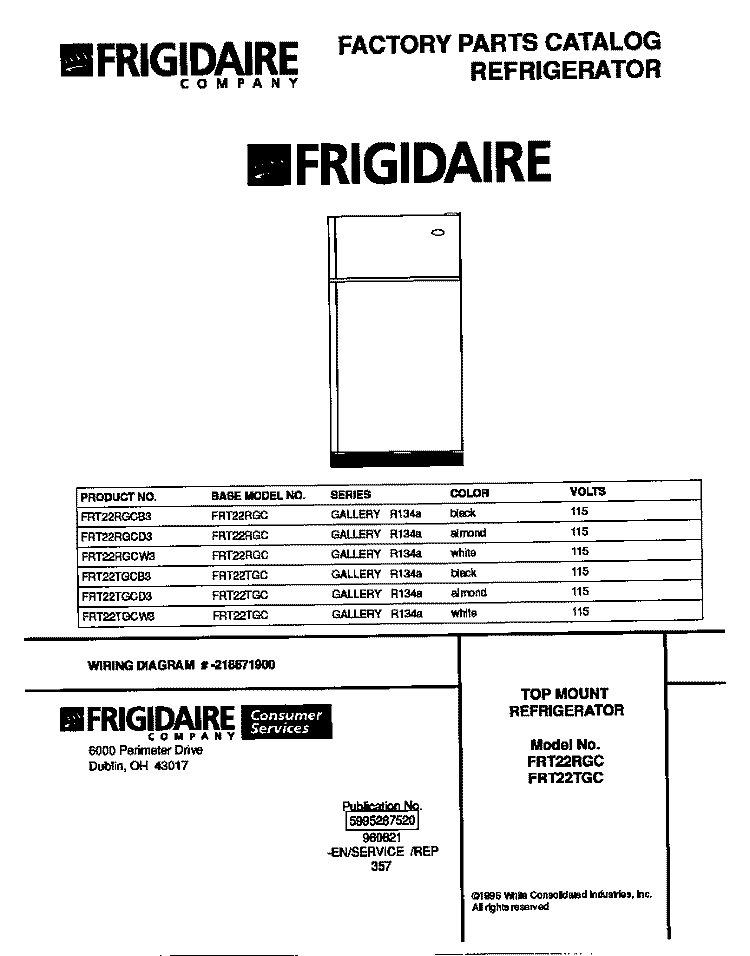 COVER Diagram and Parts List for FRT22RGCW3  Frigidaire Refrigerator