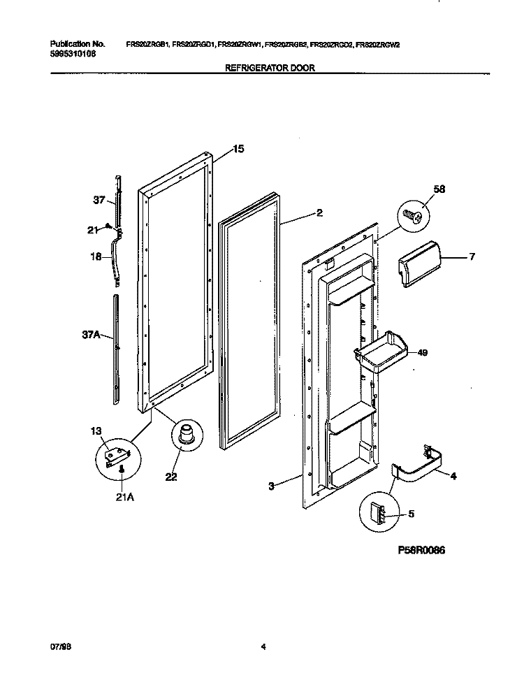 REFR DOOR Diagram and Parts List for FRS20ZRGD2  Frigidaire Refrigerator
