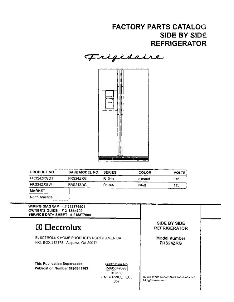 COVER Diagram and Parts List for FRS24ZRGW1  Frigidaire Refrigerator