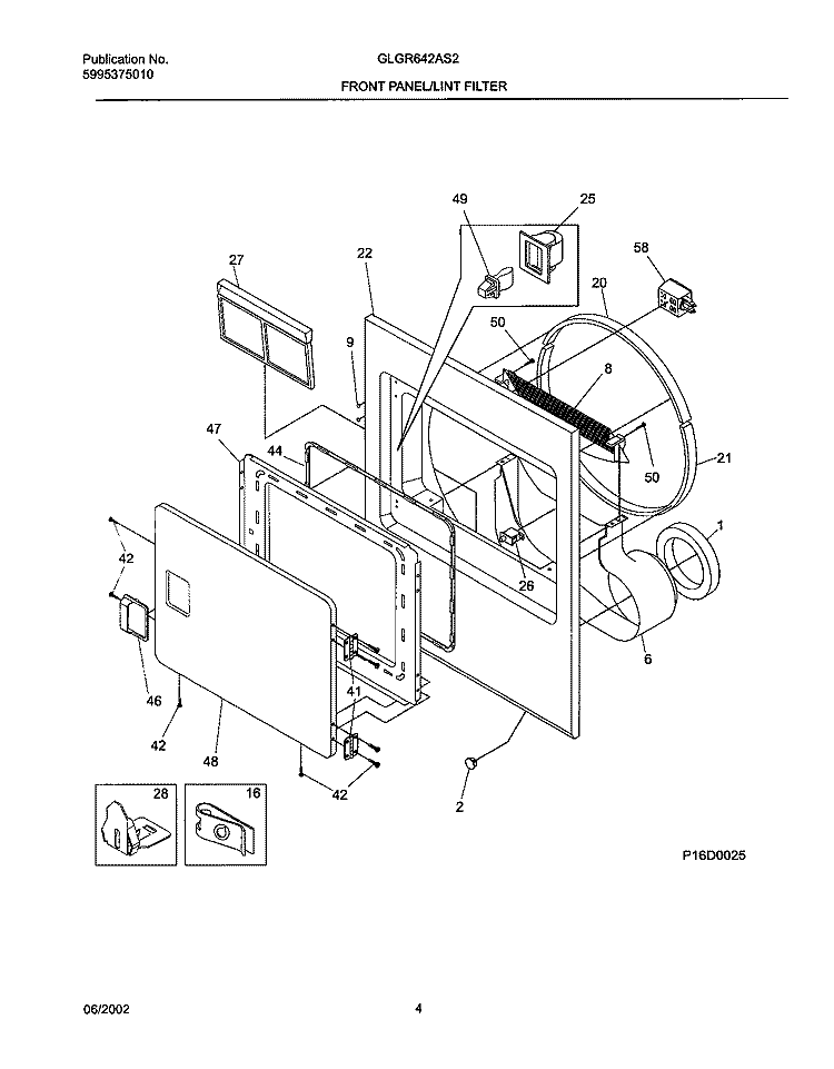 FRNT PNL, DOOR Diagram and Parts List for GLGR642AS2  Frigidaire Dryer
