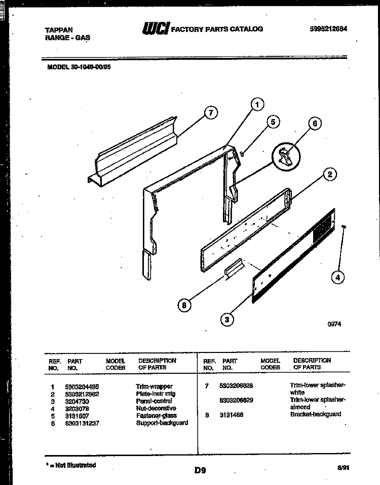 BACKGUARD Diagram and Parts List for 30-1049-23-05  Tappan Range