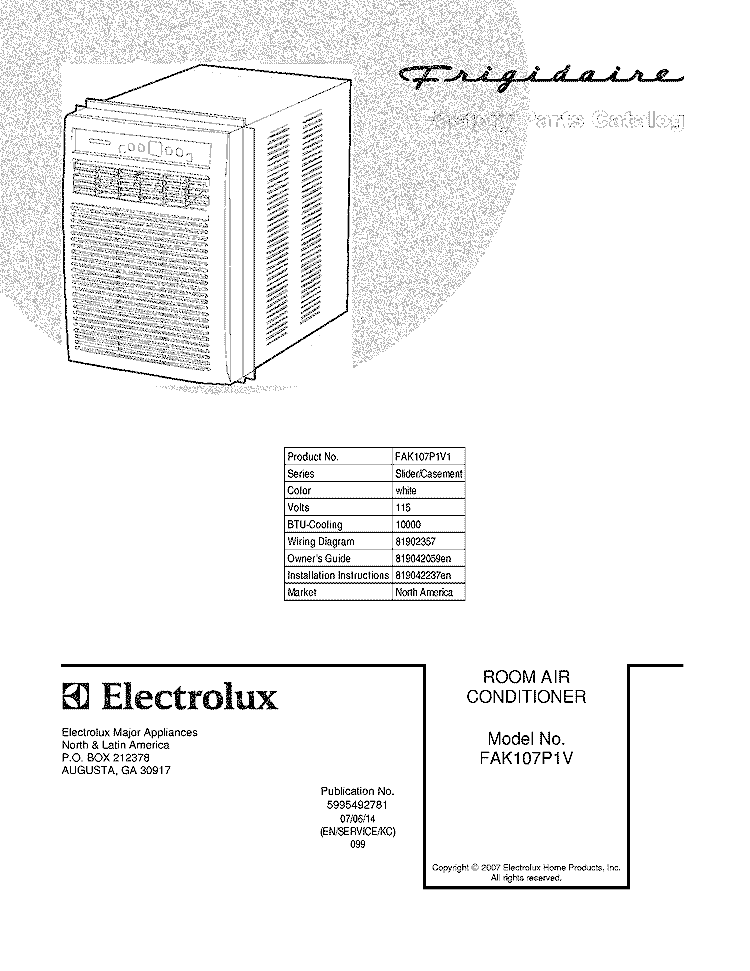 COVER Diagram and Parts List for FAK107P1V1  Frigidaire Air Conditioner