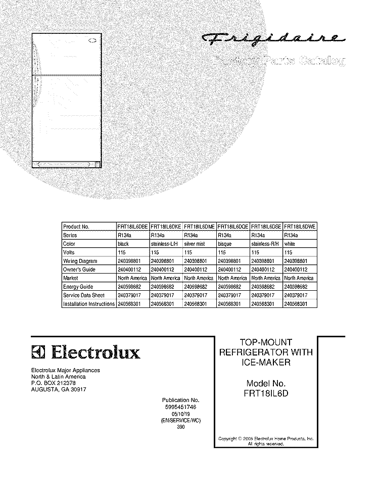 COVER Diagram and Parts List for FRT18IL6DBE  Frigidaire Refrigerator