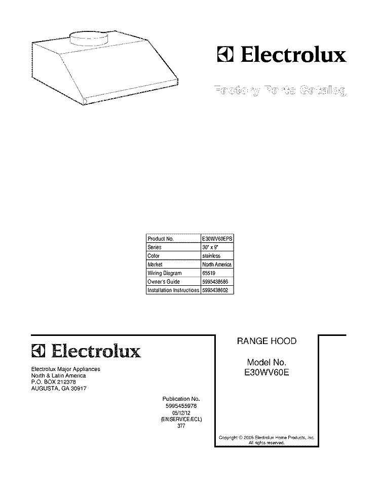 COVER Diagram and Parts List for E30WV60EPS  Electrolux Range Hood