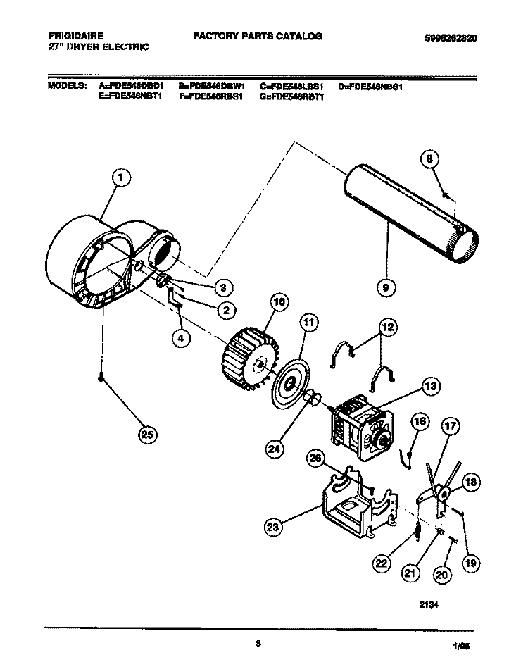 MOTOR, FAN HSG., EXHAUST DUCT Diagram and Parts List for FDE546RBT1  Frigidaire Dryer