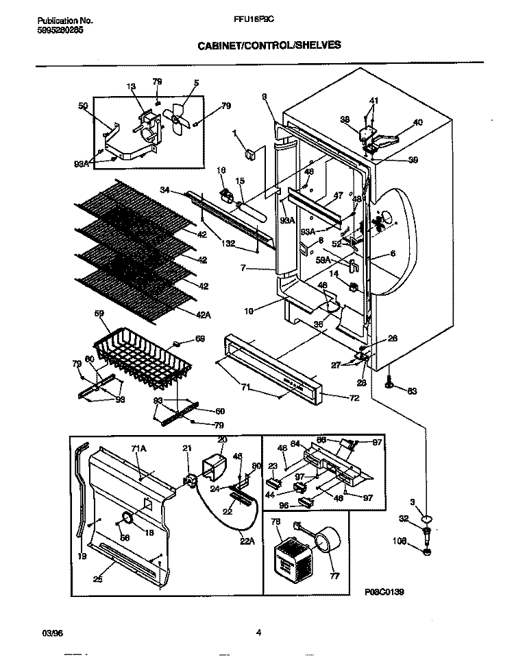 CABINET / CONTROL / SHELVES Diagram and Parts List for FFU16F9CW2  Frigidaire Freezer