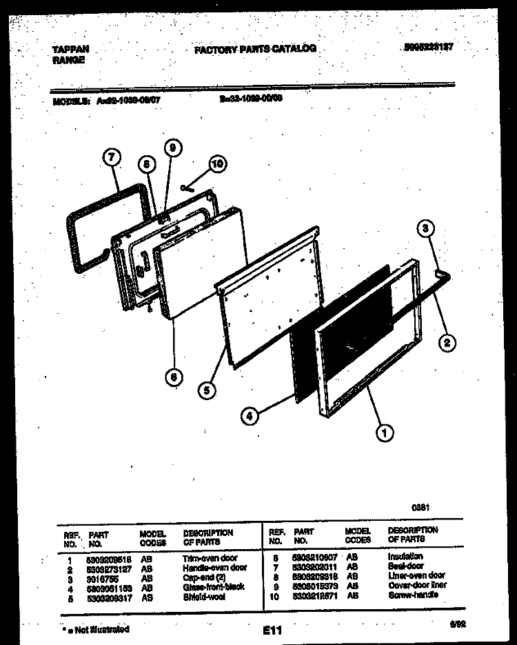 DOOR PARTS Diagram and Parts List for 32-1039-23-07  Tappan Range