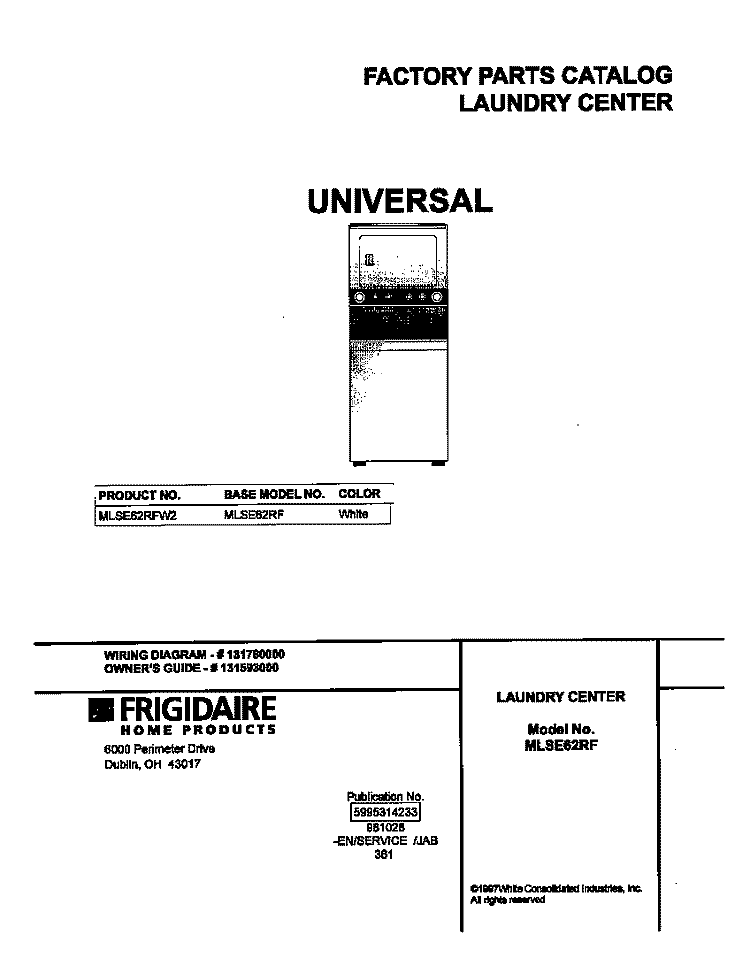 COVER Diagram and Parts List for MLSE62RFW2  Frigidaire Washer Dryer Combo