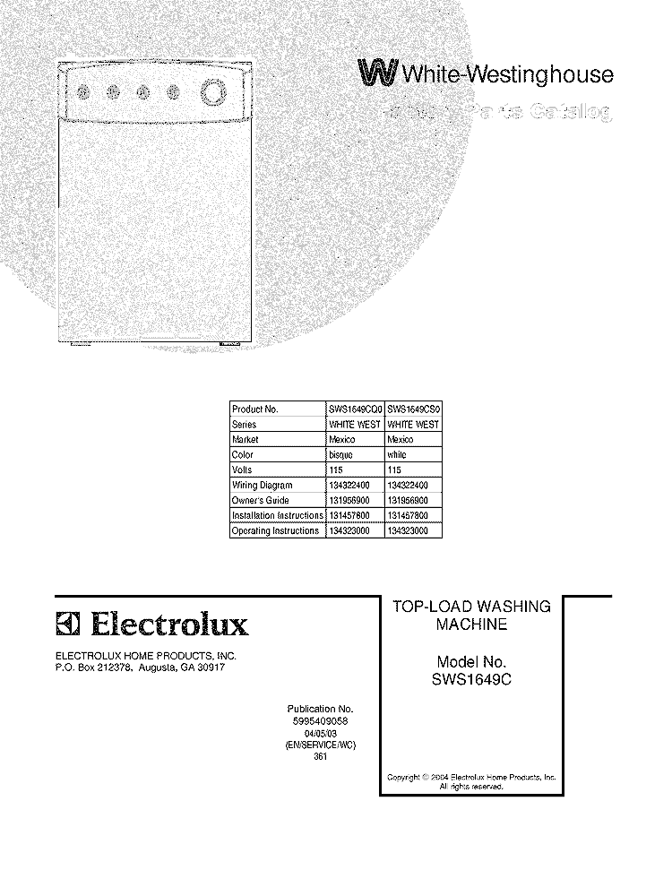 COVER Diagram and Parts List for SWS1649CQ0  Westinghouse Washer
