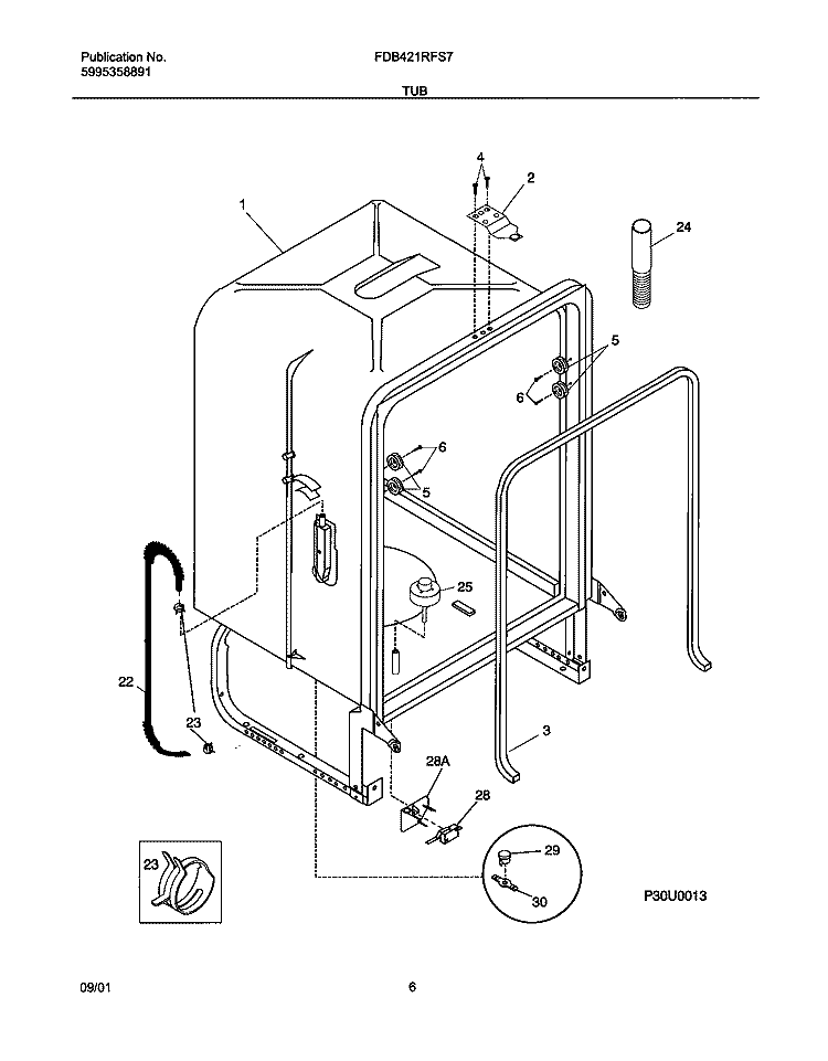 TUB Diagram and Parts List for FDB421RFS7  Frigidaire Dishwasher