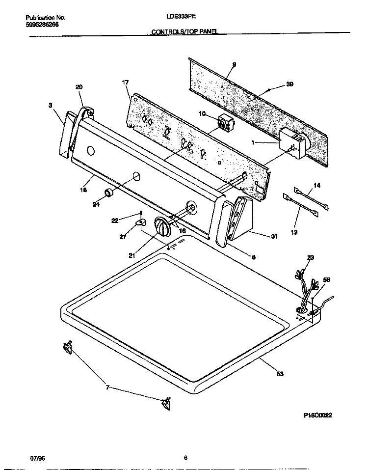 CONTROLS / TOP PANEL Diagram and Parts List for LDE333PEW0  Frigidaire Dryer