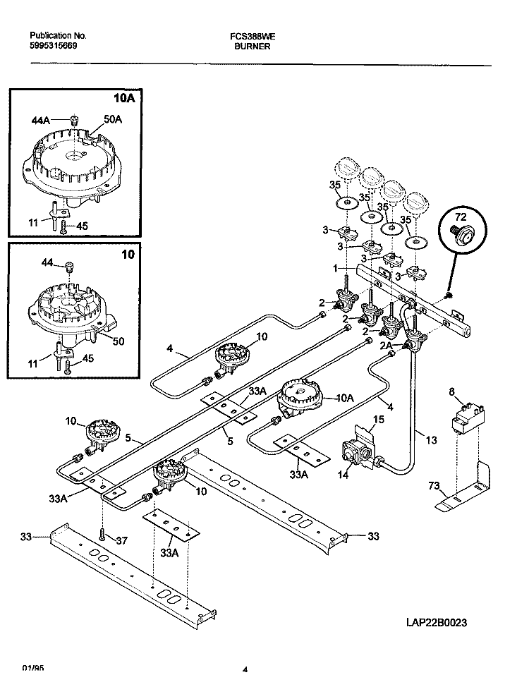 BURNER Diagram and Parts List for FCS388WECC  Frigidaire Range
