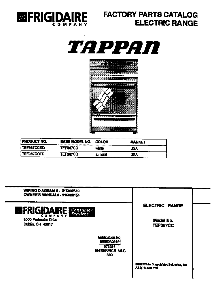 COVER Diagram and Parts List for TEF367CCTD  Tappan Range