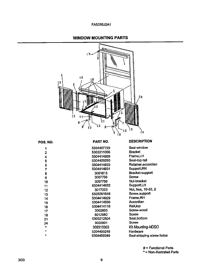WINDOW MOUNTING PARTS Diagram and Parts List for FAS255J2A1  Frigidaire Air Conditioner