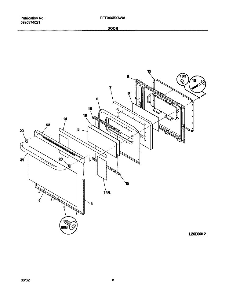 DOOR Diagram and Parts List for FEF364BXAWA  Frigidaire Range