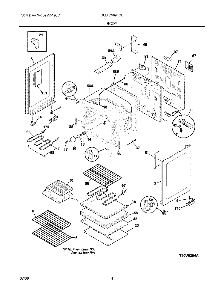BODY Diagram and Parts List for GLEFZ369FCE  Frigidaire Range