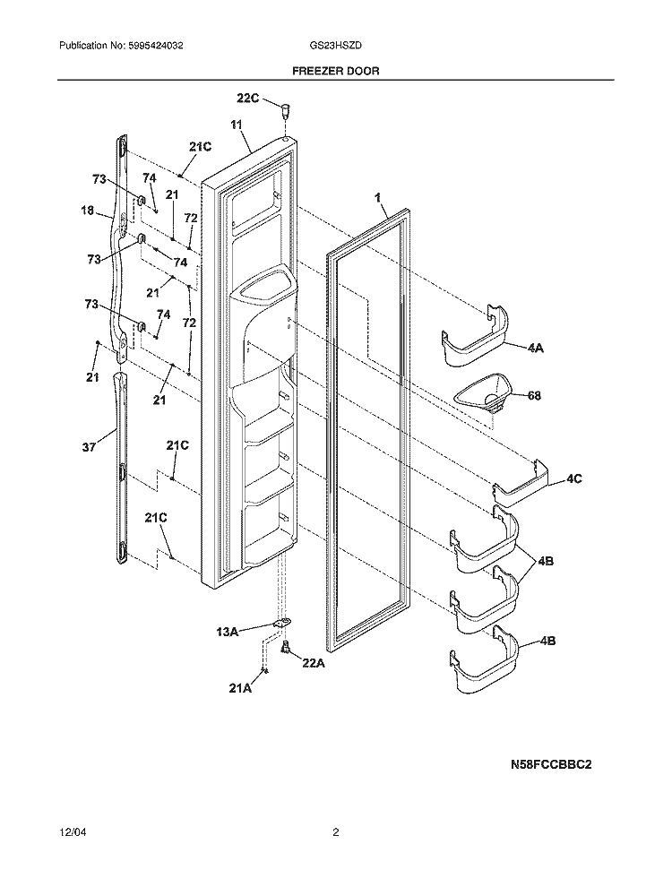 FREEZER DOOR Diagram and Parts List for GS23HSZDC6  Frigidaire Refrigerator