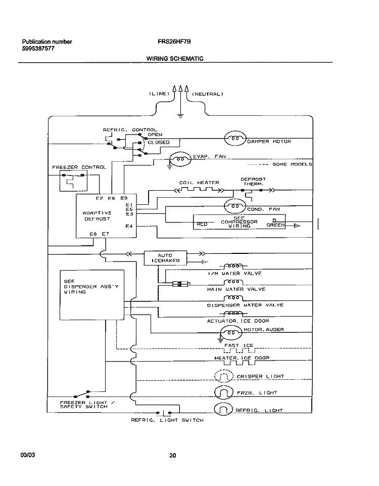 WIRING SCHEMATIC Diagram and Parts List for FRS26HF7BW2  Frigidaire Refrigerator