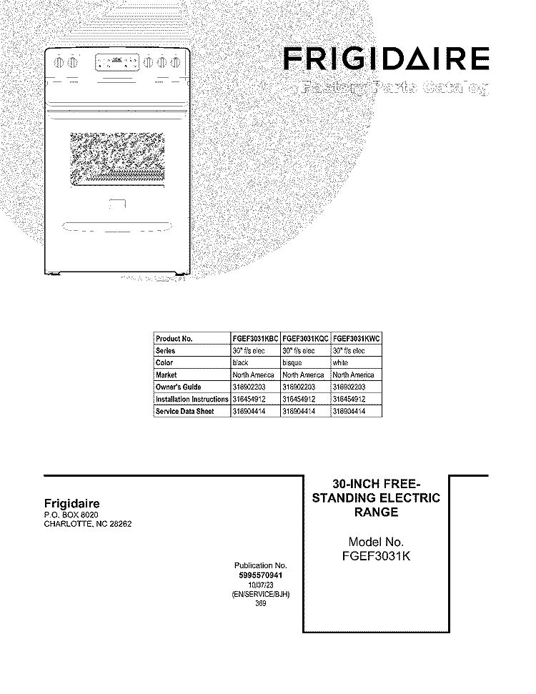 COVER Diagram and Parts List for FGEF3031KBC  Frigidaire Range