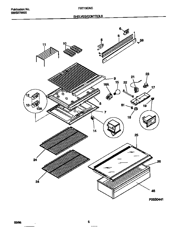 SHELVES / CONTROLS Diagram and Parts List for FRT13CNCW1  Frigidaire Refrigerator