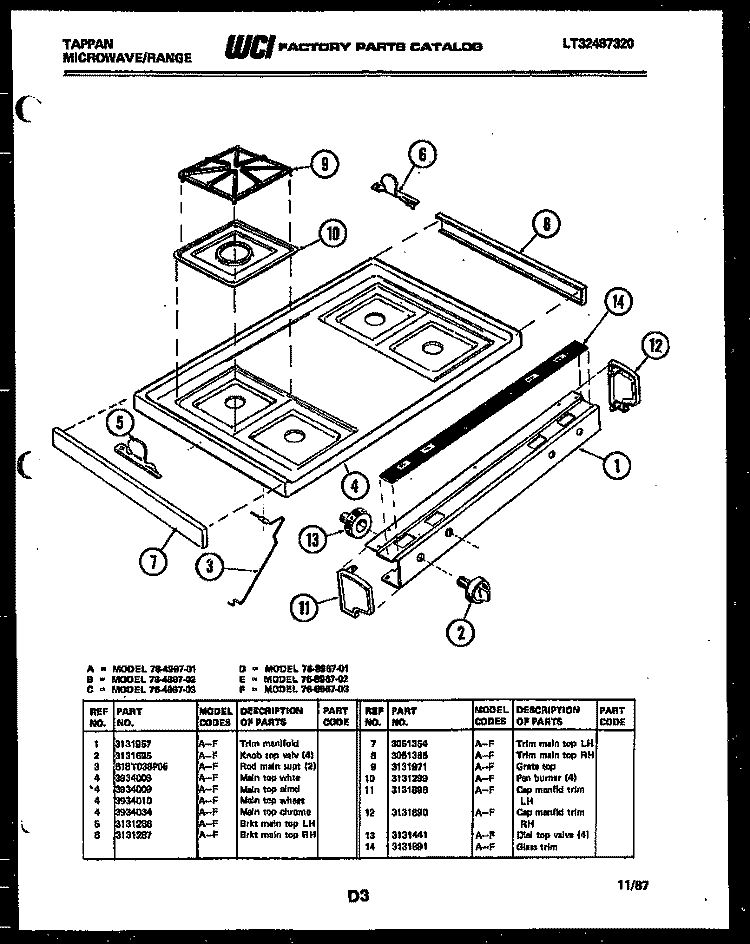 COOKTOP PARTS Diagram and Parts List for 76-4967-00-03  Tappan Microwave Oven Combo