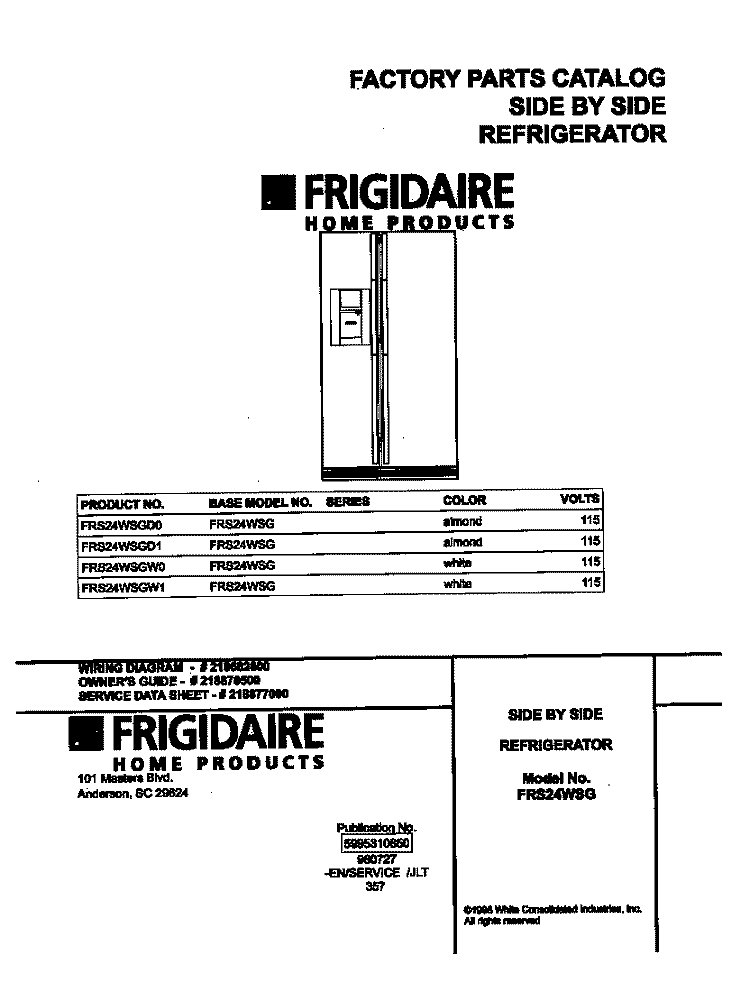 COVER Diagram and Parts List for FRS24WSGW0  Frigidaire Refrigerator