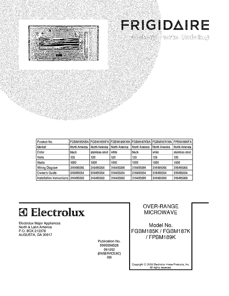 COVER Diagram and Parts List for FGBM187KWA  Frigidaire Microwave