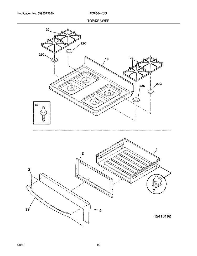 TOP/DRAWER Diagram and Parts List for FGF364KCG  Frigidaire Range