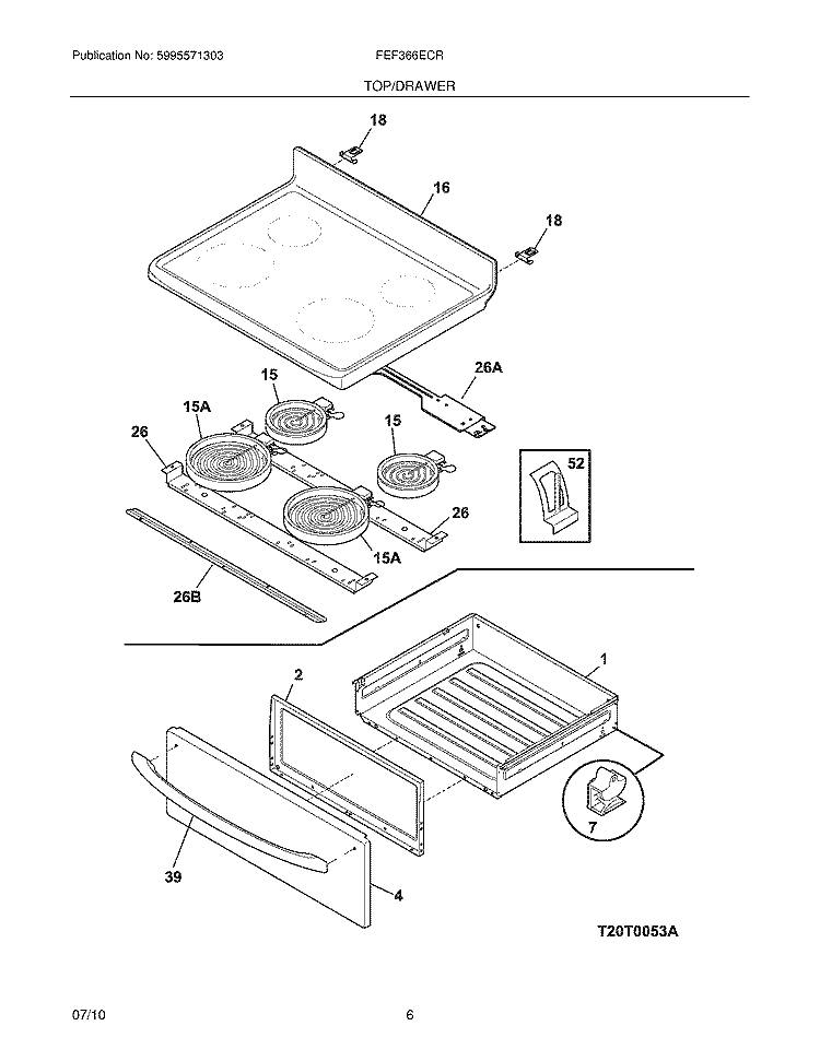 TOP/DRAWER Diagram and Parts List for FEF366ECR  Frigidaire Range