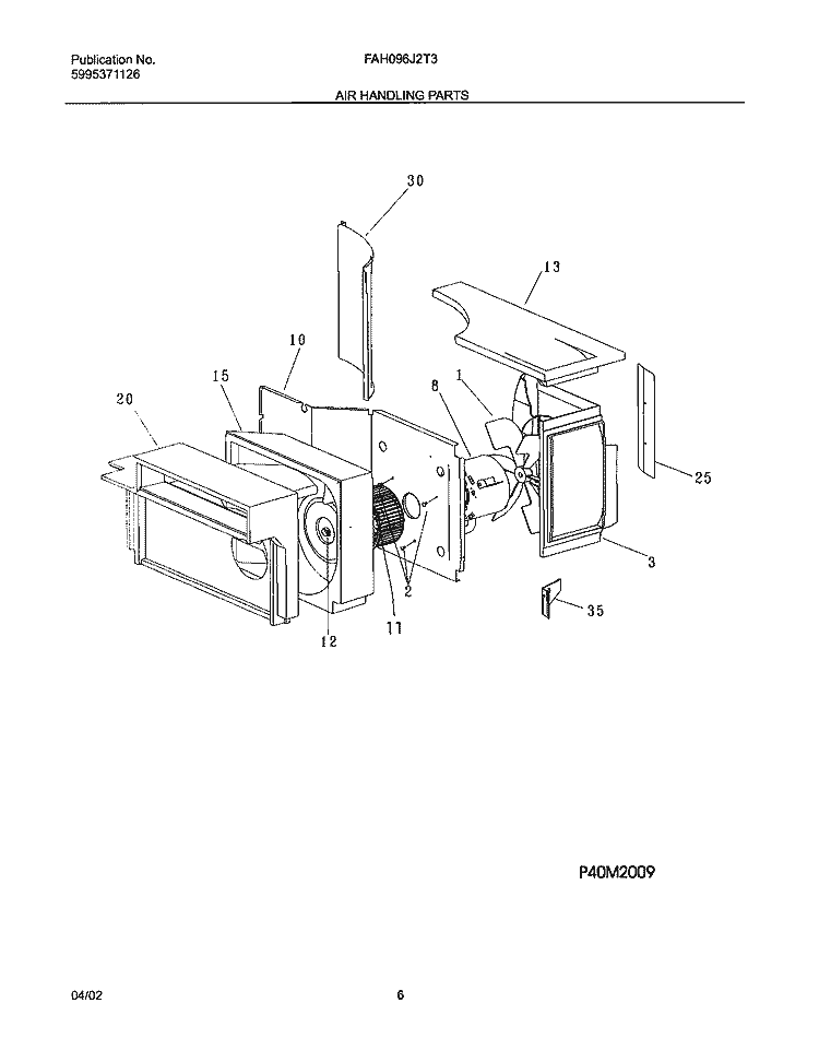 AIR HANDLING PARTS Diagram and Parts List for FAH096J2T3  Frigidaire Air Conditioner