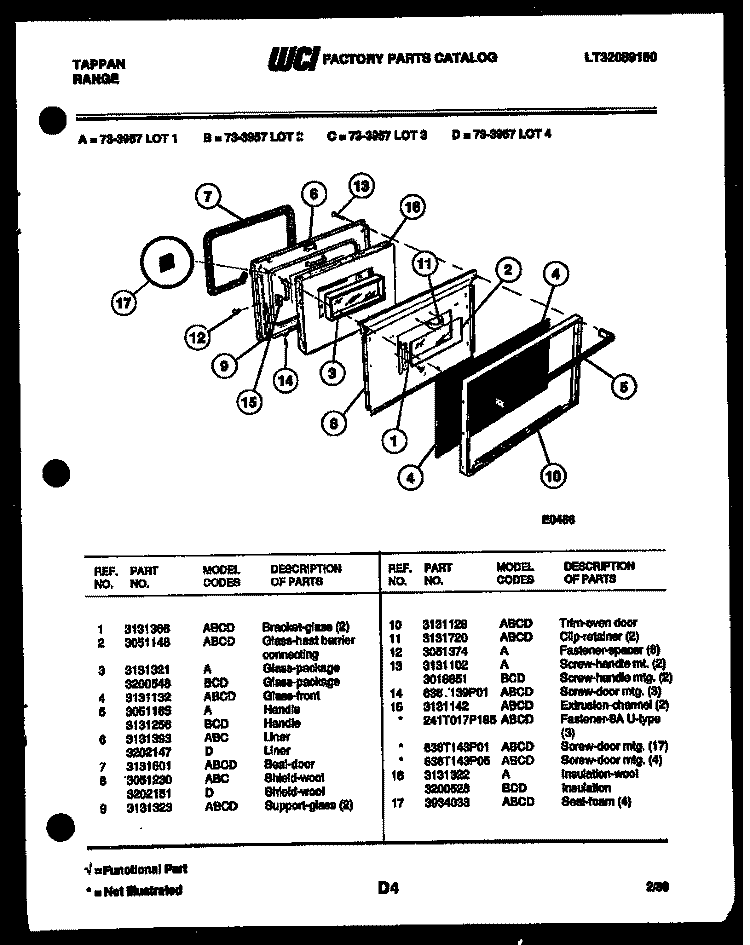LOWER OVEN DOOR PARTS Diagram and Parts List for 73-3957-23-02  Tappan Range